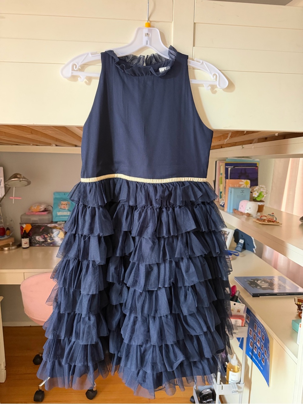 Janie and Jack Navy Ruffle Tulle Party Dress with Gold Waist Trim - Picture 5 of 5